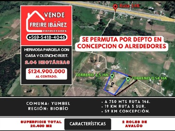 Casa en venta en Hermosas parcelas en yumbel con casa y quincho rust 2ha, Yumbel - 2 dormitorios, 1 baño
