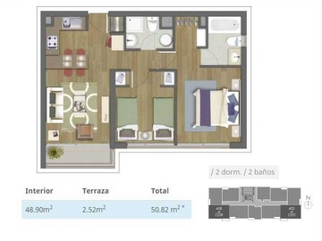 Departamento en arriendo mensual en Opcion estacionamiento, conexión lavadora, metro (182873), Independencia - 2 dormitorios, 2 baños