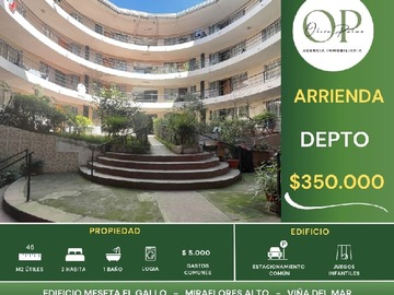 Departamento en arriendo mensual en Se Arrienda Depto 2h1b, Meseta el Gallo, Viña del Mar - 2 dormitorios, 1 baño