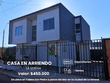 Casa en arriendo mensual en Caleta san pedro, La Serena - 3 dormitorios, 1 baño