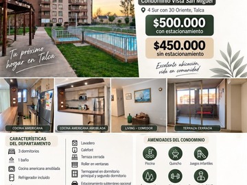 Departamento en arriendo mensual en Pje. Cuatro Sur 2845, Talca - 3 dormitorios, 1 baño