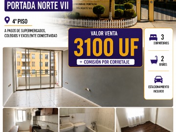 Departamento en venta en Amplio Depto Sector Norte, Portada Norte 7, 3D/2B/E UF 3100 - 3 dormitorios, 2 baños