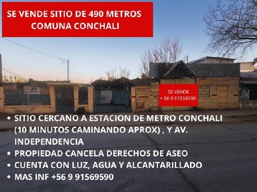 Sitio en venta en Se vende sitio de 490 metros en conchali, Conchalí