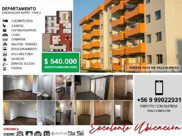 Departamento en arriendo mensual en Ojos de Agua 108, Quilpué - 3 dormitorios, 2 baños