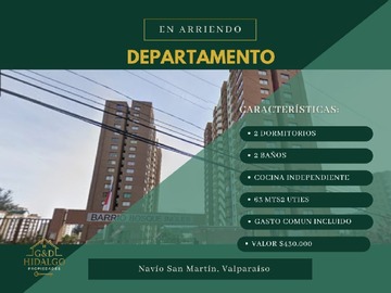 Departamento en arriendo mensual en Arrienda hidalgo propiedades, Valparaíso - 2 dormitorios, 2 baños