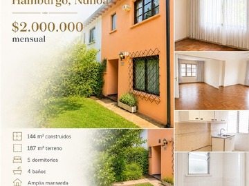 Casa en arriendo mensual en hamburgo, Ñuñoa - 6 dormitorios, 4 baños