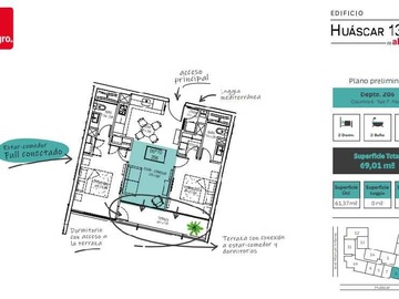 Departamento en arriendo mensual en Vive en providencia, dpto casi nuevo (177961), Providencia - 2 dormitorios, 2 baños