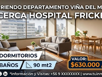 Departamento en arriendo mensual en Arriendo Depto 3D-2B Hosp Fricke Viña del Mar 2026 630.000 - 3 dormitorios, 2 baños
