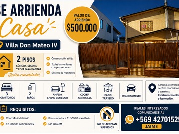 Casa en arriendo mensual en Casa Villa Don Mateo IV - 3 dormitorios, 2 baños