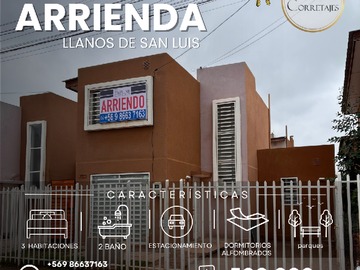 Casa en arriendo mensual en Casa en Arriendo, Llanos de San Luis. Ovalle - 3 dormitorios, 2 baños