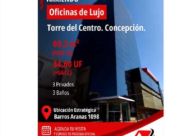 Oficina en arriendo mensual en Arriendo oficina Torre del Centro. Concepción (177827), Concepción - 3 baños