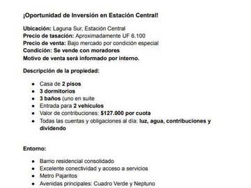 Venta / Casa / Estación Central